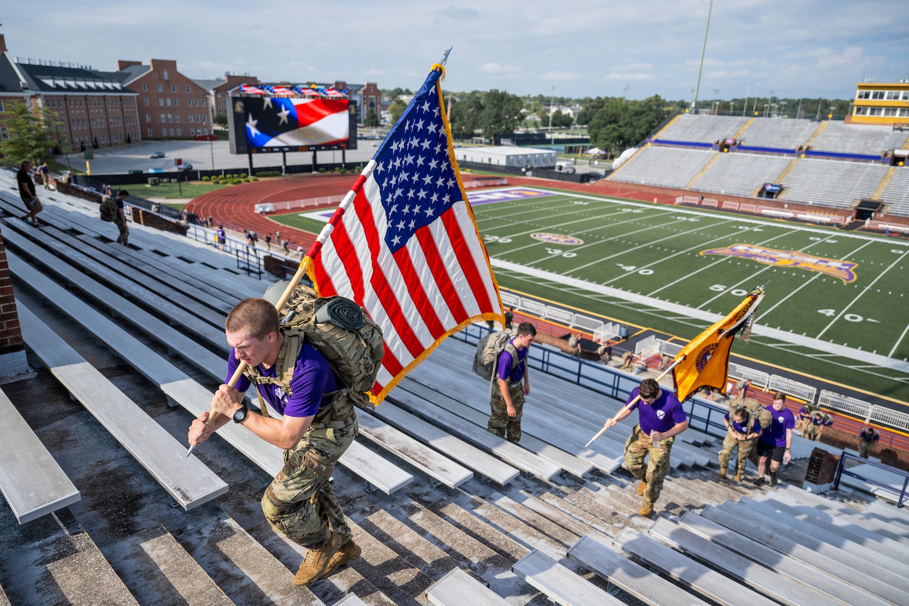ROTC students climbing the stairs of Tucker Stadium on 9-11