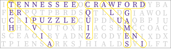 A graphic that is made to look like a word find. The words Tennesee, Tech, Trivia, Puzzle, Crawford, Quiz, Games, and Alumni are circled.