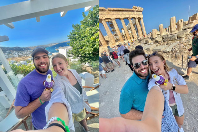 Cameron and Allie Reed with their little stuffed eagle in Greece