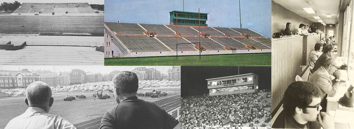 A collage of old photos of Tucker Stadium