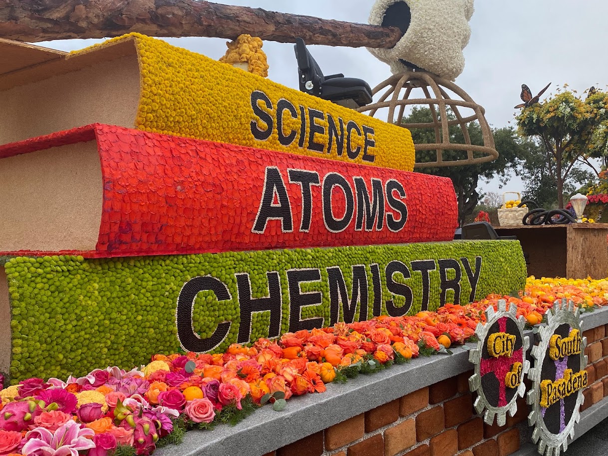 A float decorated as science books