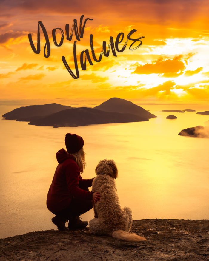 Woman with dog on mountain facing a sunset over water.